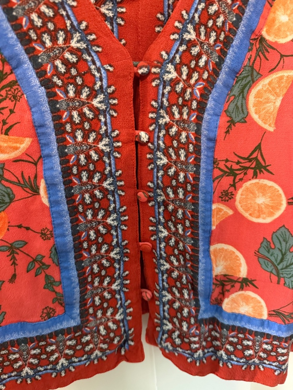 Free People Coral Orange Citrus-Print Boho Button-Front Slightly Cropped Blouse - Picture 8 of 8